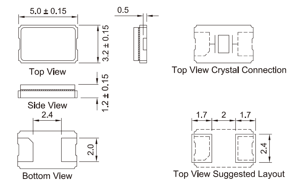 TXC-7A-5032贴片Glass晶振产品尺寸图