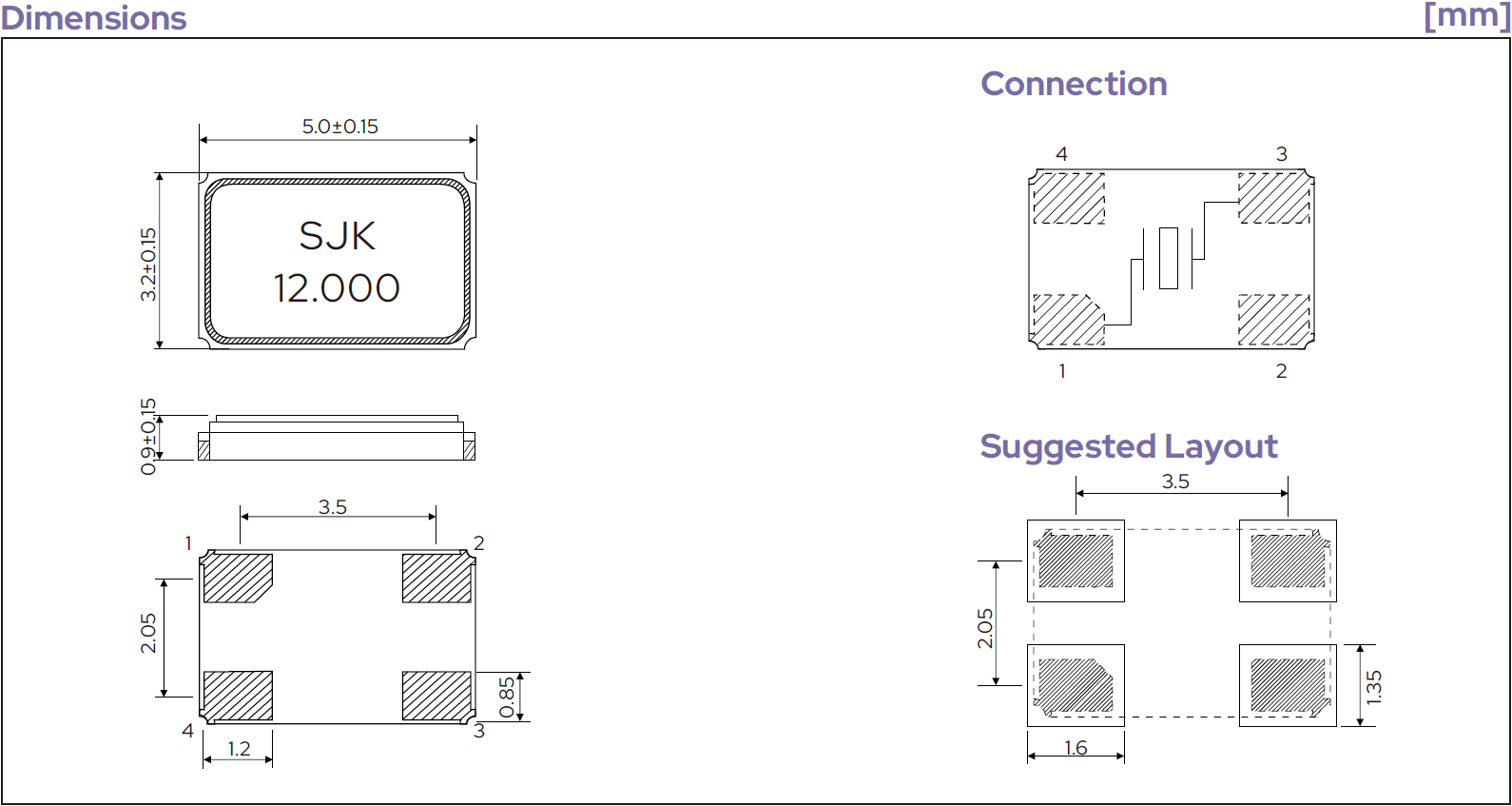 7I系列SMD5032贴片晶振外观及尺寸引脚图