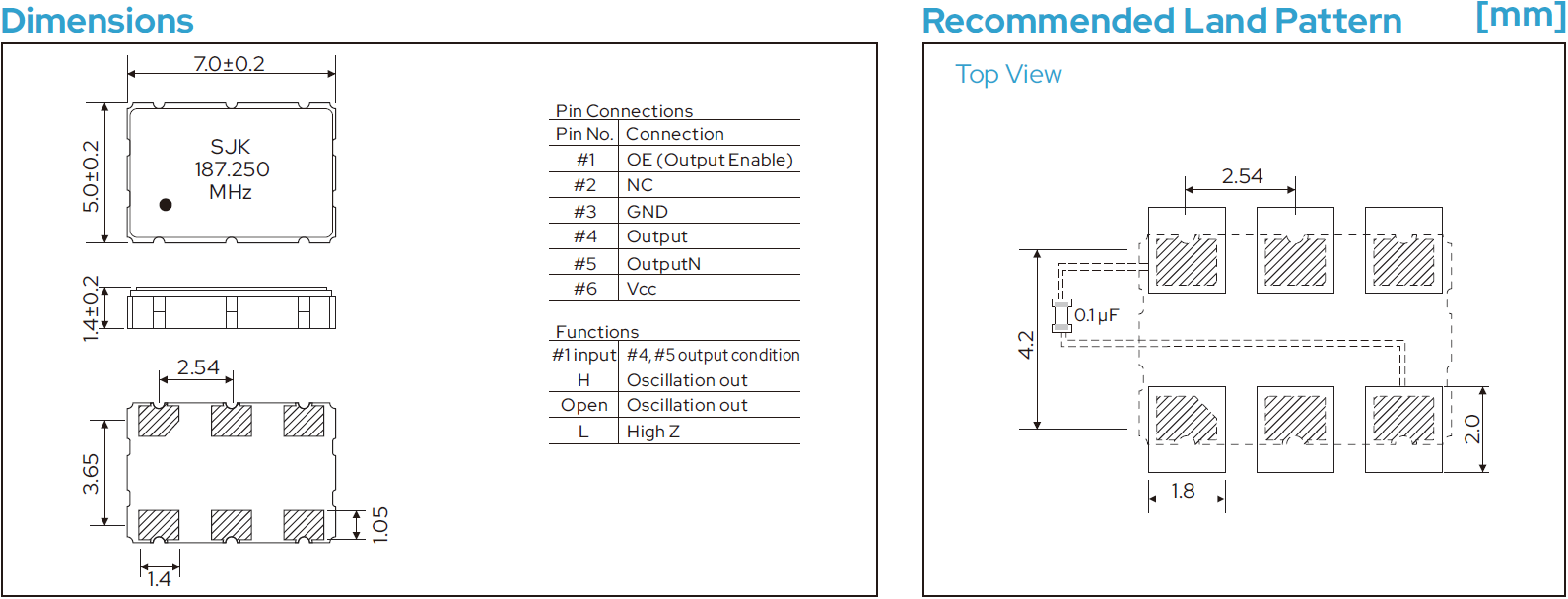 SJK 7B系列 SMD 7050 LVDS差分晶振结构尺寸图